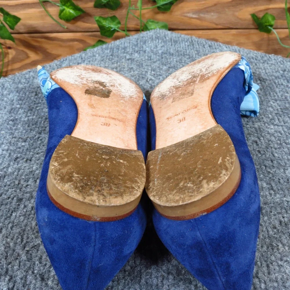 Italian Made Blue Suede‎ Ballet Flats Bow Detail Women EU 38 Pointed Toe